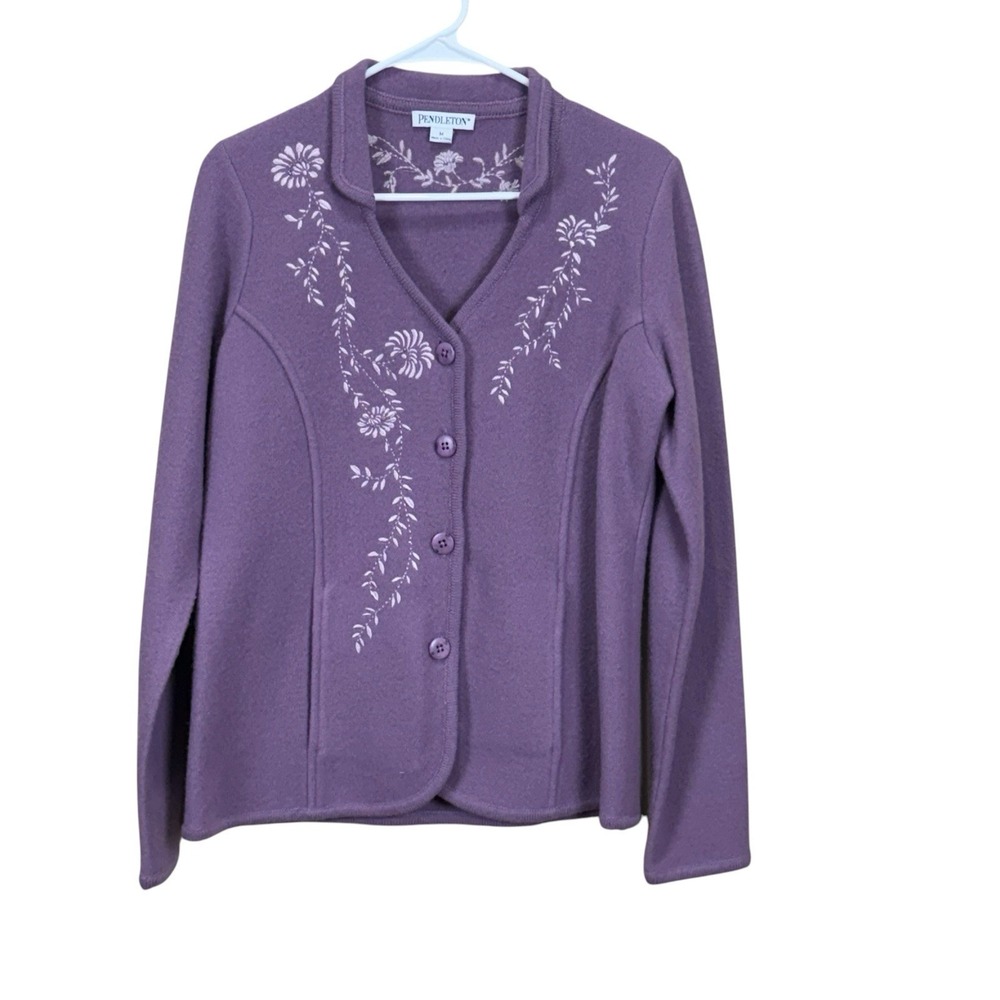 Vintage Pendleton Womens Sweater Medium Purple Cardigan 100% Wool Embroidered